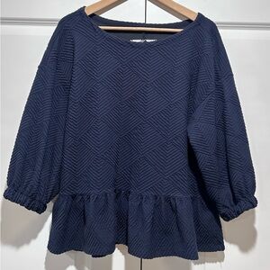 Maeve Womens Navy Blue Thick Embossed Peplum 3/4 Sleeve
Scoop Neck Top Size M